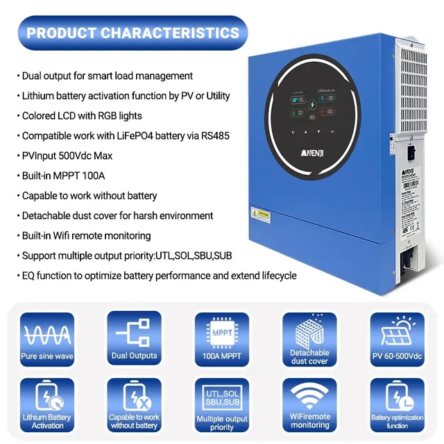 Інвертор Anenji ANJ-5KW-48V-WIFI 5000W, 48V
