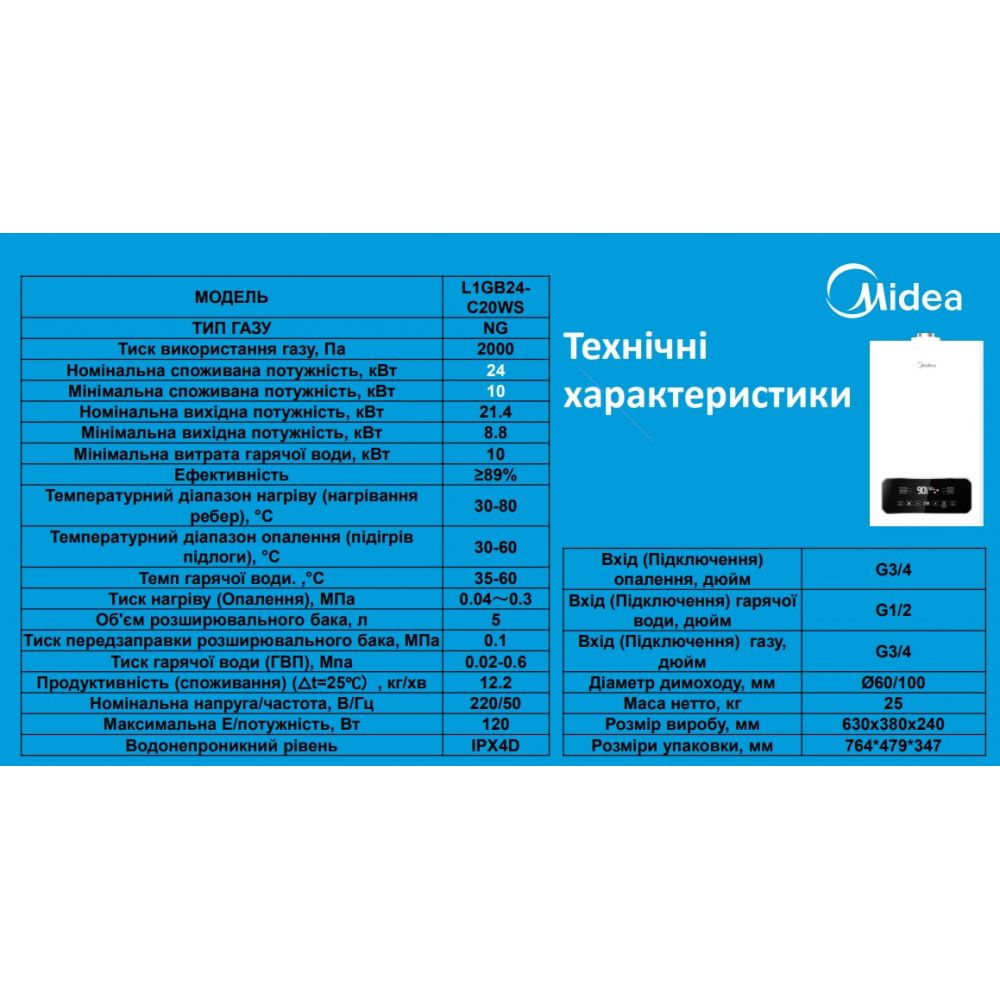 Котел газовый турбированный Midea L1GB24-C20WS+коаксиальный дымоход