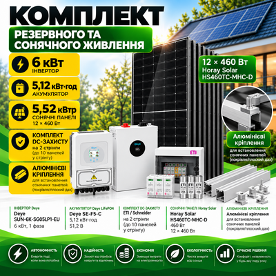 Комплект резервного живлення Deye Інвертор 6 kW SUN-6K-SG05LP1-EU + АКБ 5 kWh LiFePO4 SE-F5-C + ФЕМ Horay Solar HS460TC-MHC-D 460W*12 шт