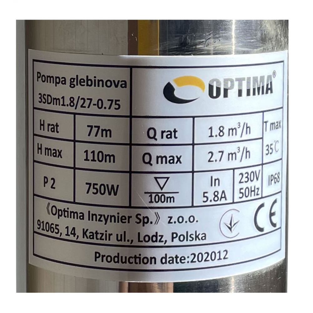 Скваженный насос Optima 3SDm1,8/27 0,75 кВт 115м (+пульт +кабель 1,5м)