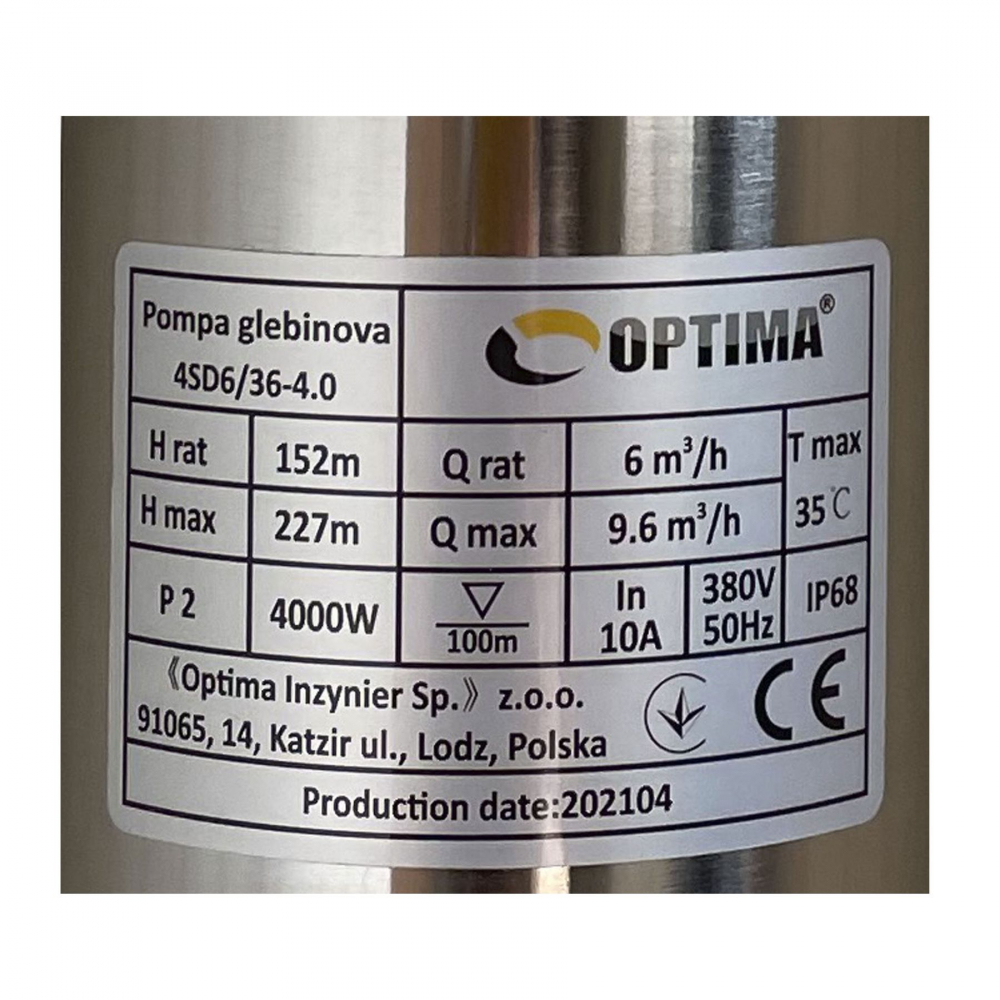Скваженный насос Optima 4SD 6/36 4,0 кВт 227м (3-х фазный)
