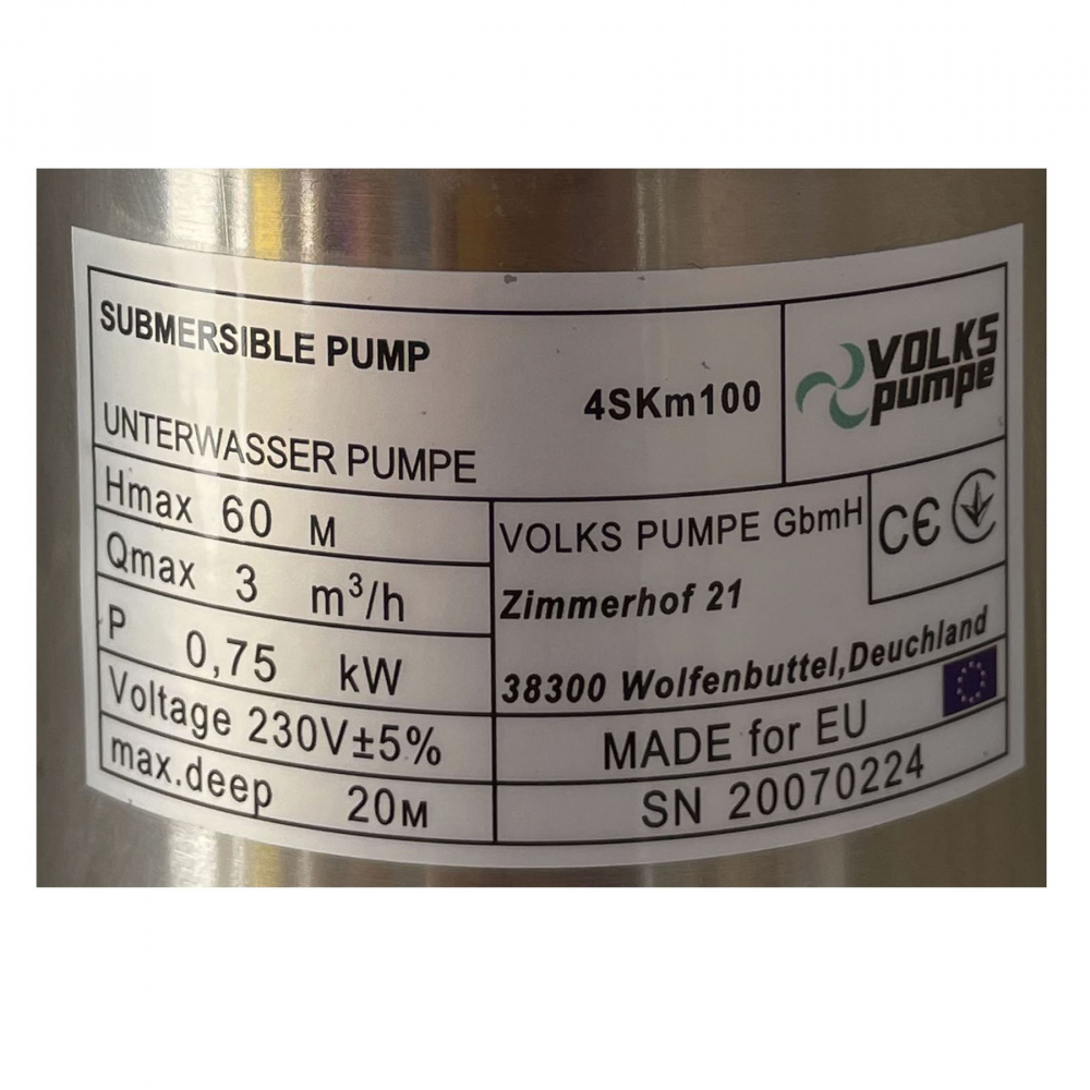 Скваженный насос VOLKS pumpe 4SKm100 0,75 кВт (+кабель 15м и пульт)