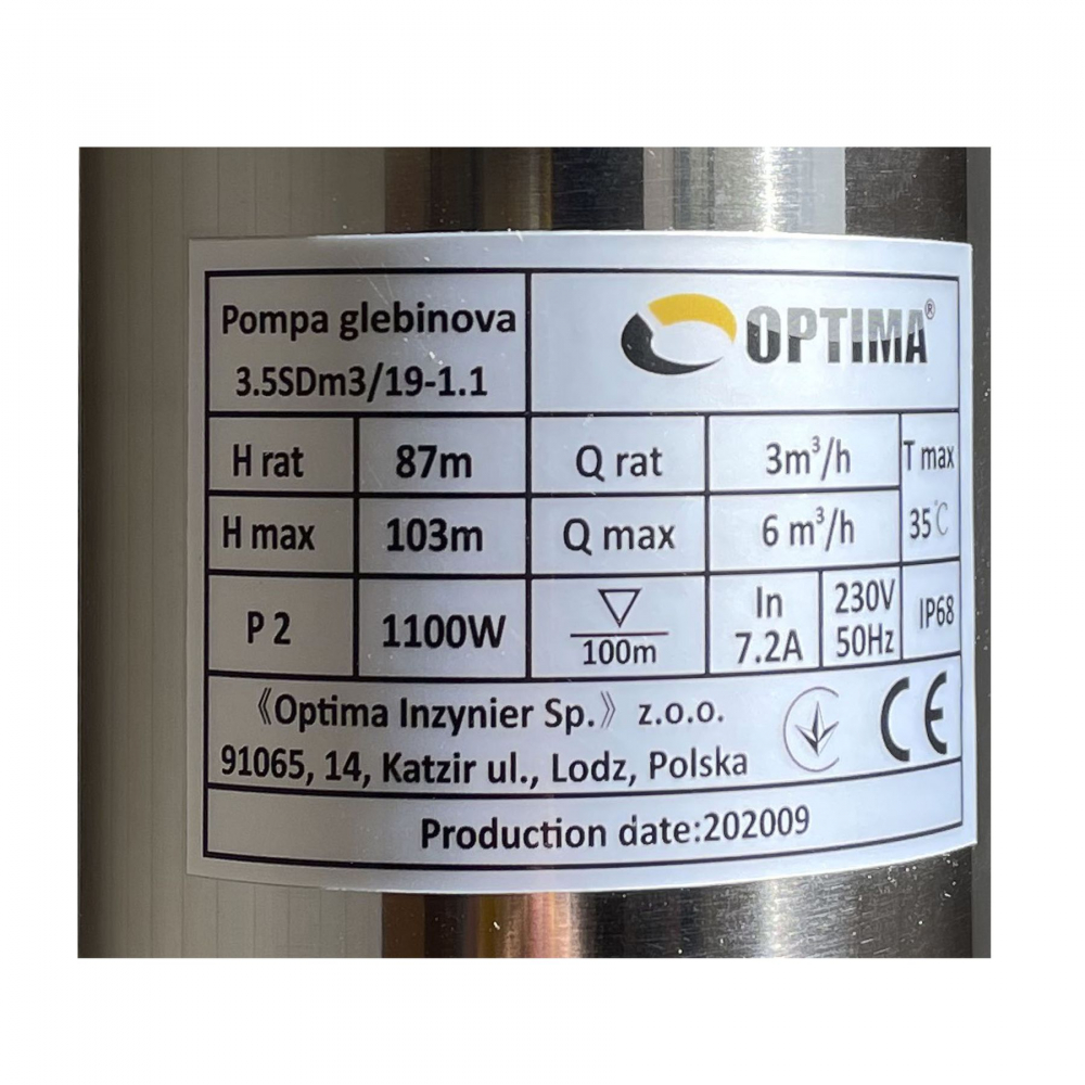 Свердловинний насос Optima 3,5SDm3/19 1,1 кВт 103м (кабель 1,5м)