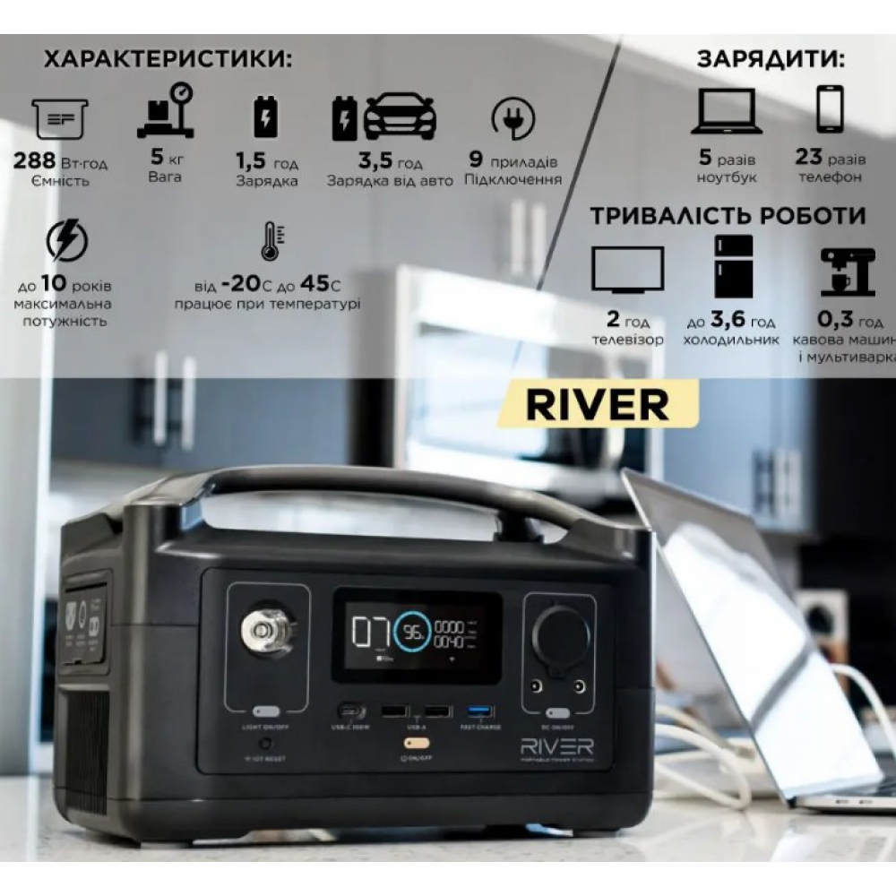 Портативна зарядна станція EcoFlow River 600W 288Wh