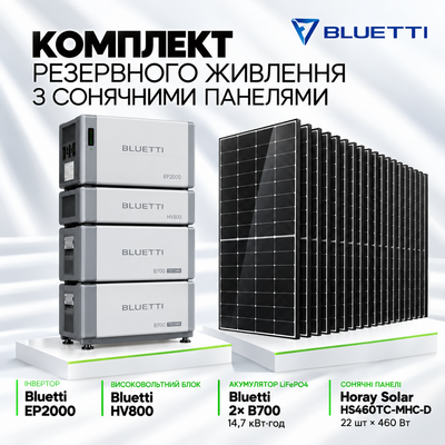 Комплект резервного живлення Bluetti EP2000+HV800+2×АКБ B700 14,7kWh+22×Horay Solar HS460TC-MHC-D 460W