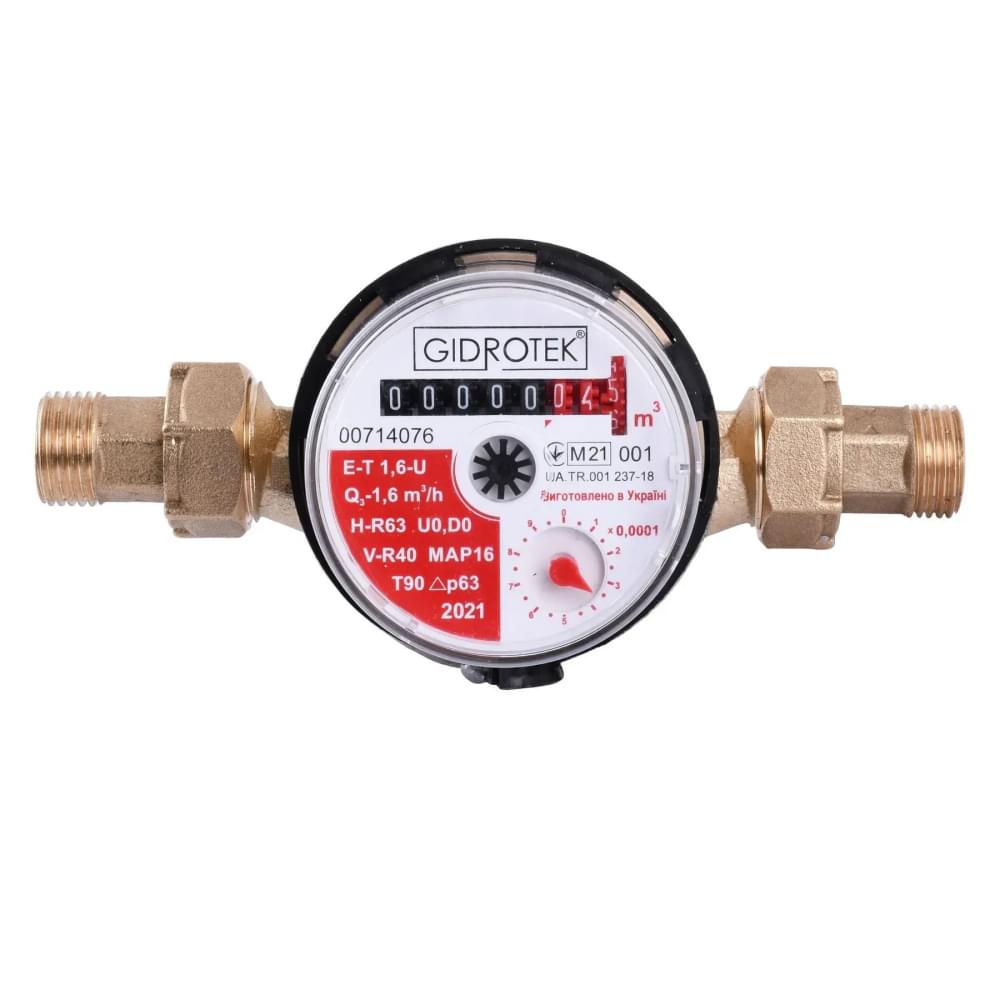 Лічильник для гарячої води Gidrotek E-T 1,6U 1/2″ зі штуцером (110мм) для гарячої води