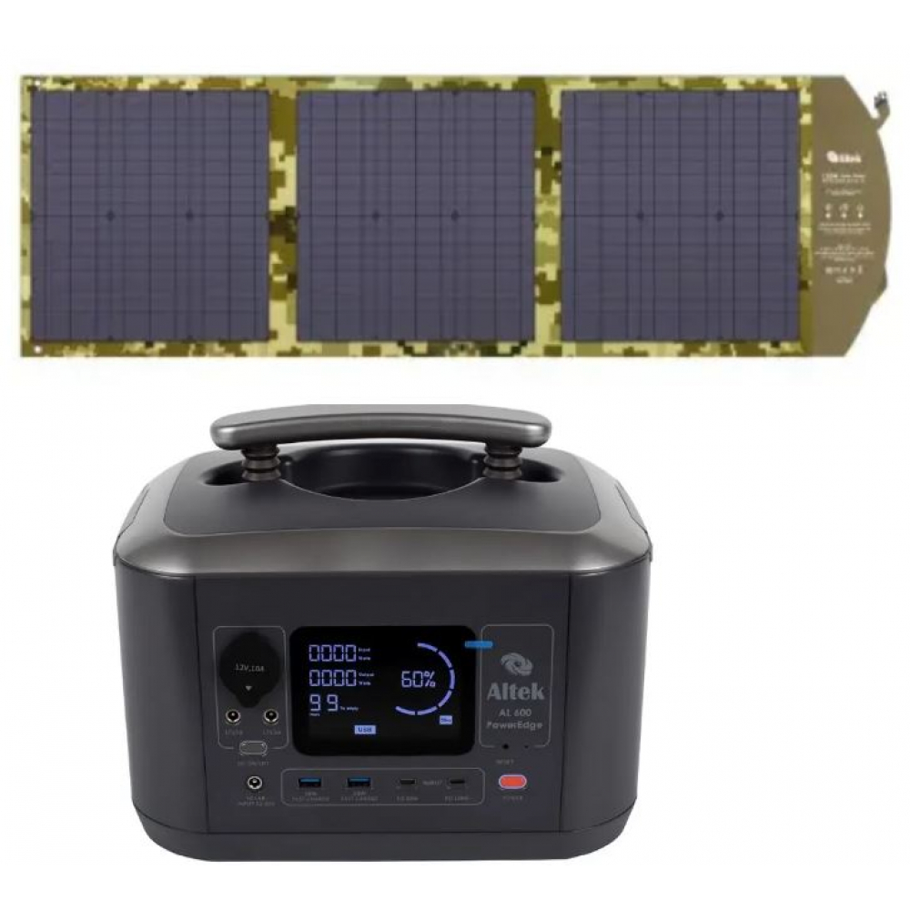 Портативная зарядная станция Altek AL 600 PowerEdge 600W 537,6Wh + солнечная панель ALT-120 милитари