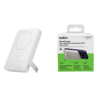 Повербанк Акумулятор портативний літій-іонний Power Bank Belkin 10000мА·год, 30Вт PD/Qi2 15Вт, Magnetic Kickstand, білий