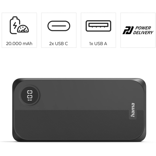 Повербанк Hama 20000 mAh, 2хUSB-C, USB-A, Black (00201755)