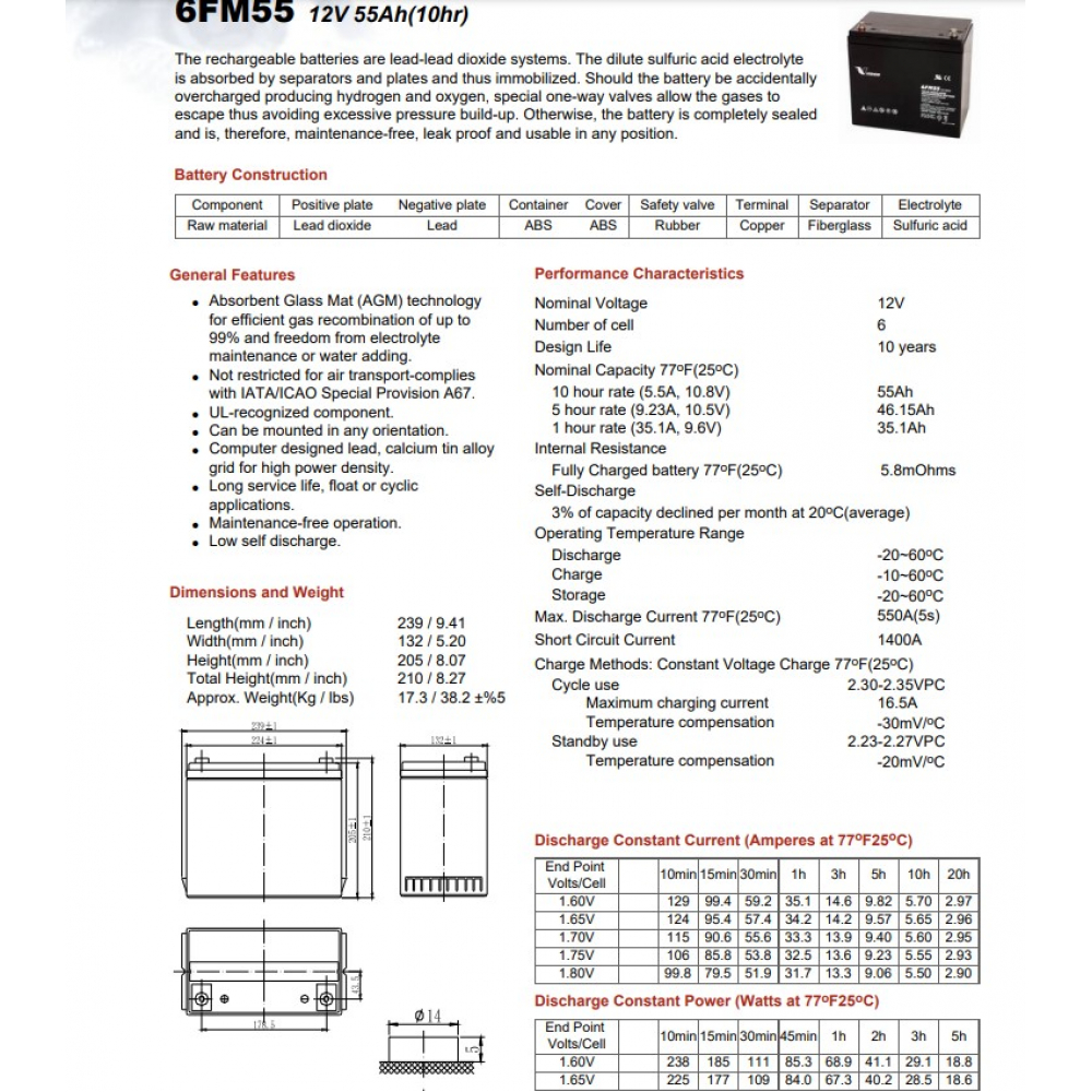 Аккумулятор Vision FM 12V 55Ah (6FM55-Х)