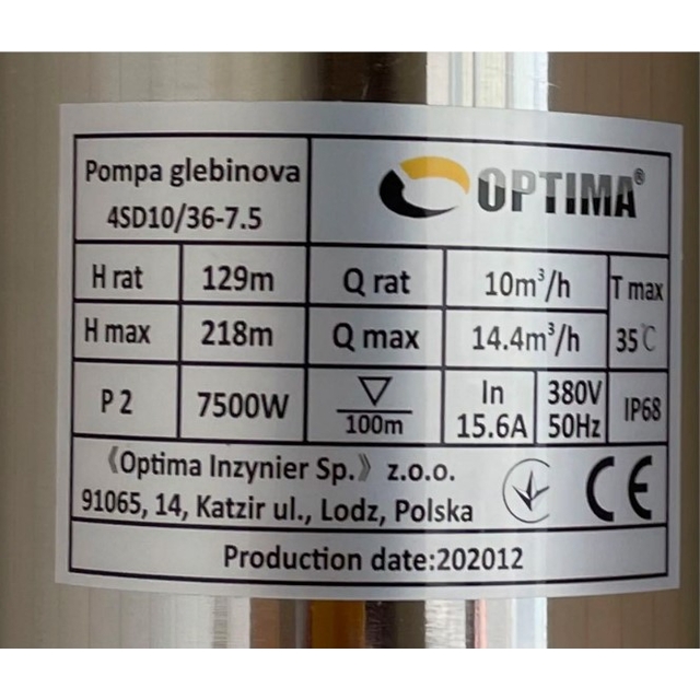 Свердловинний насос Optima 4SD10/36 7,5 кВт 218м 3-х фазный