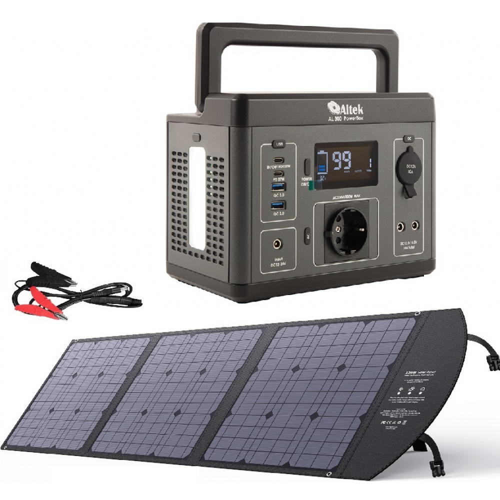 Портативная зарядная станция Altek AL 300 PowerBox 300W 296Wh + солнечная панель ALT-120 черный