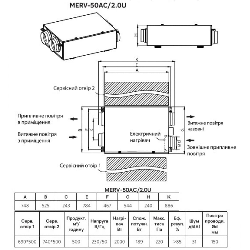 Приточно-вытяжная установка Mitsushito MERV-50AC/2.0U (500m3/h 2,0kW, Wi-Fi)