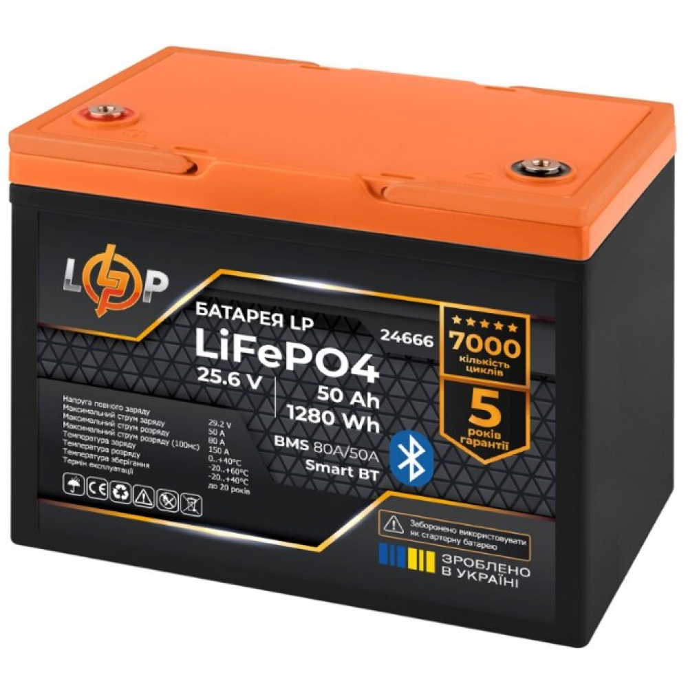Аккумулятор LogicPower LiFePO4 25,6V - 50 Ah (1280Wh) (BMS 80A/50А) пластик Smart BT