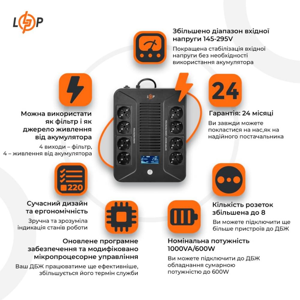 ИБП LogicPower LP-1000VA-8PS (600Вт)