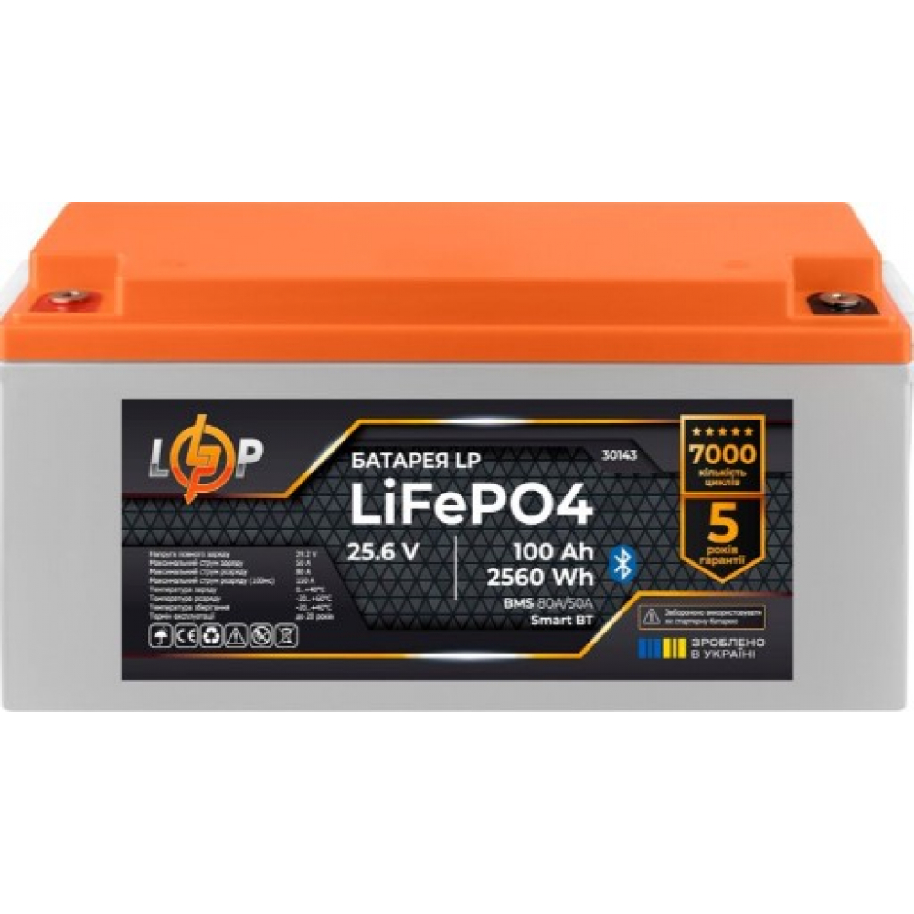 Аккумулятор LogicPower LiFePO4 25,6V - 100 Ah (2560Wh) (BMS 80А/50) пластик Smart BT