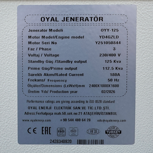 Дизельный генератор Oyal OYY-125 YANG DONG YD4GZLD, 125KVA/100KW