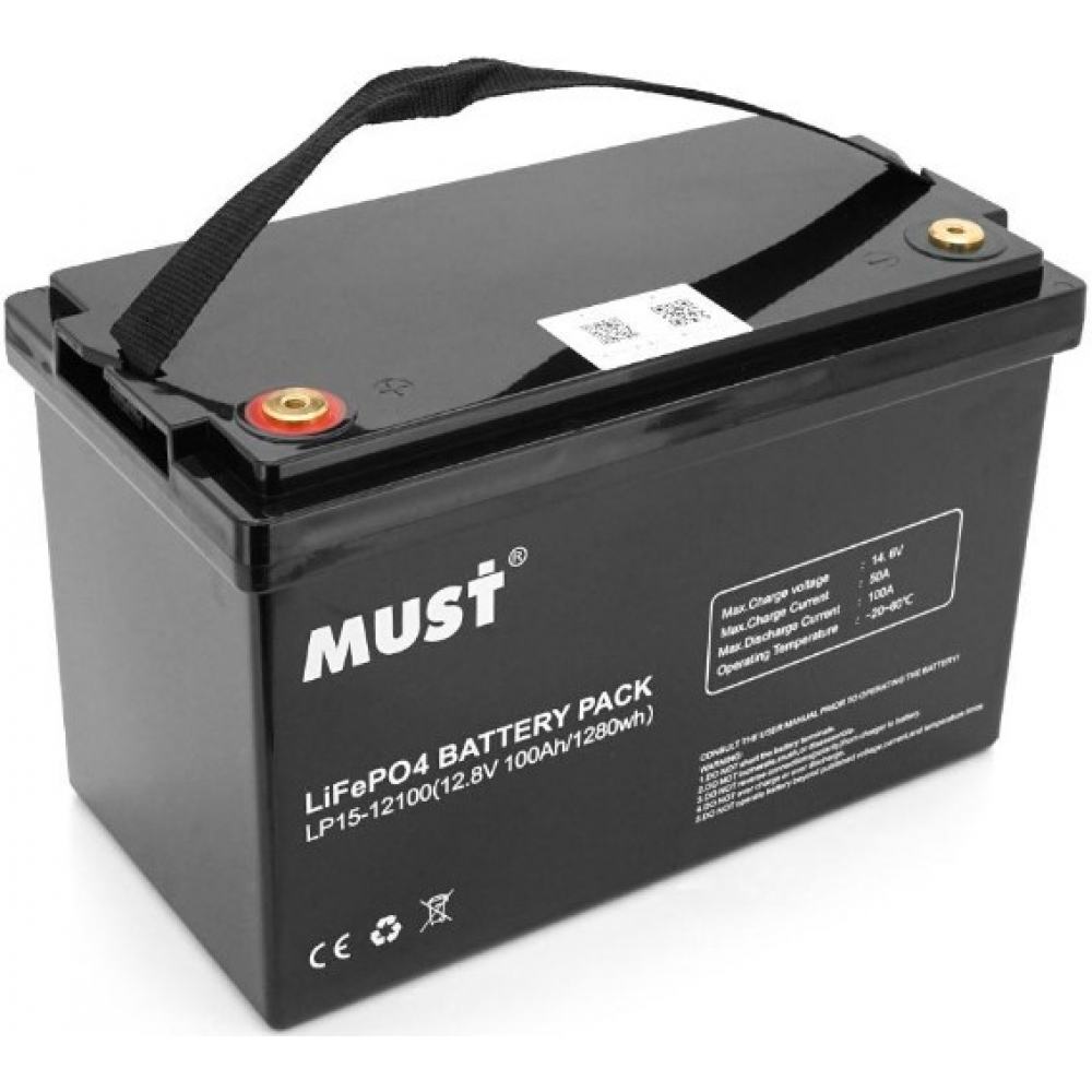 Аккумулятор литий-железо-фосфатный(LiFePo4) Must LiFePO4 LP15-12100 12,8V 100Ah, 1,28kWh, BMS50A@4S