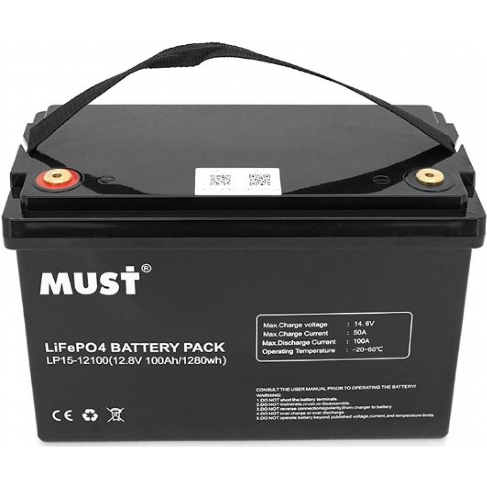Аккумулятор литий-железо-фосфатный(LiFePo4) Must LiFePO4 LP15-12100 12,8V 100Ah, 1,28kWh, BMS50A@4S