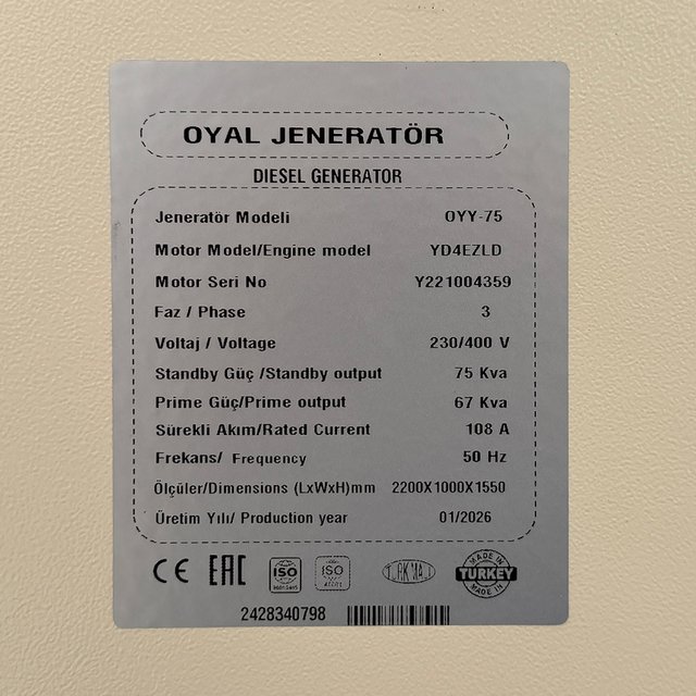 Дизельний генератор Oyal  OYY-75 YANG DONG Y4EZLD 75KVA/60KW