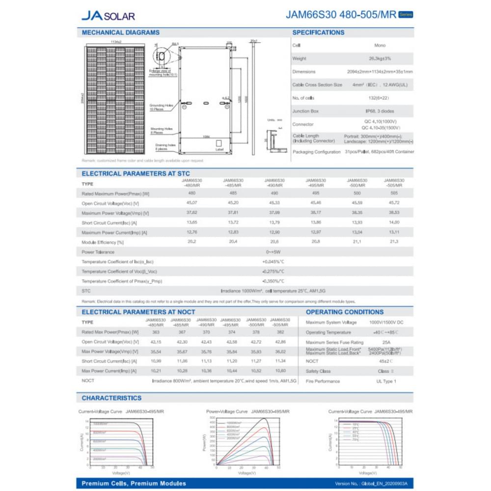 Солнечная панель стационарная JA Solar JAM66S30-505/MR 505 W