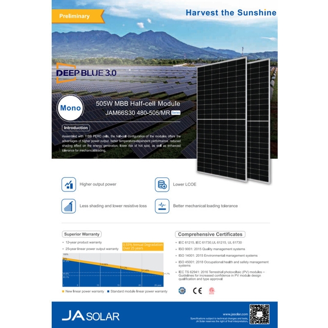 Сонячна панель стаціонарна JA Solar JAM66S30-505/MR 505W