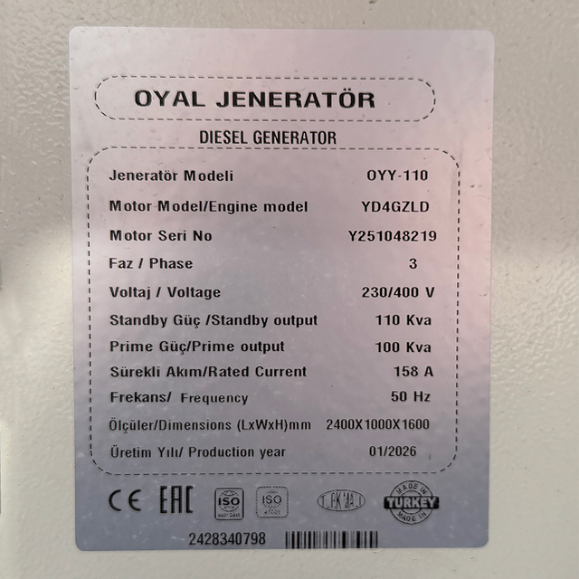 Дизельный генератор Oyal OYY-110 YANG DONG Y4110ZLD, 110 кВА/88КВт