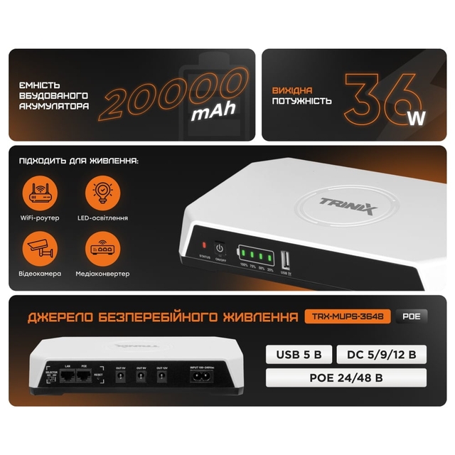 ИБП Trinix TRX-MUPS-3648PoE (20000mAh LiFePo4) 5V/9V/12V/24V/48V/PoE, LiFePo4 4*5Ah