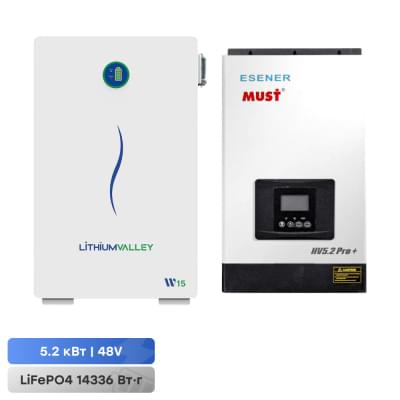 Комплект резервного питания Must PV18-5248 PRO DC48V - 5.2KVA/5200W WiFi и АКБ 51.2V 280Ah Lithium Valley W15-5A