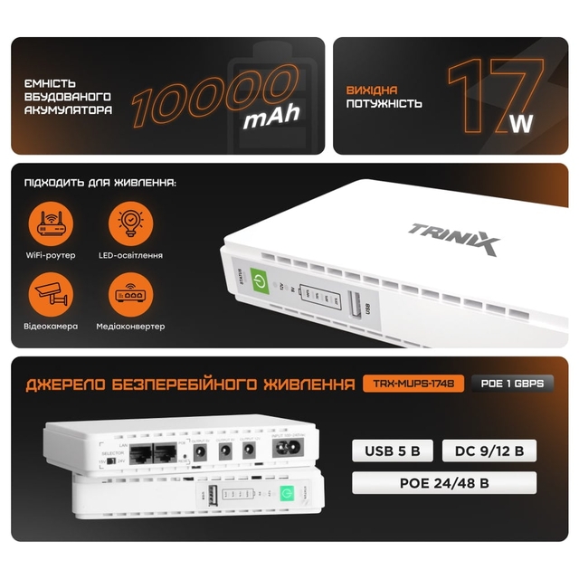 ДБЖ Trinix TRX-MUPS-1748 PoE (10000mAh)