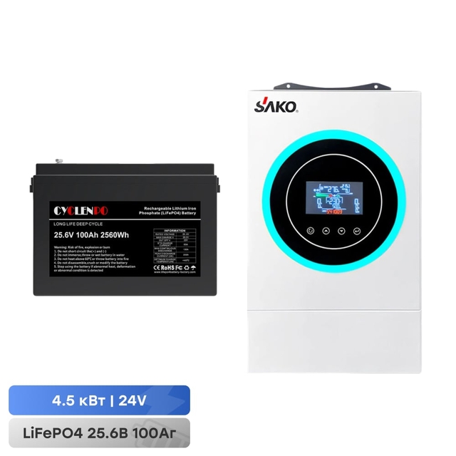 Комплект резервного питания Sako Sunon V 4.5kVA/4.2kW 24V +120A MPPT и АКБ 25.6В 100Аг Cyclen 25.6V 100AH LiFePo4