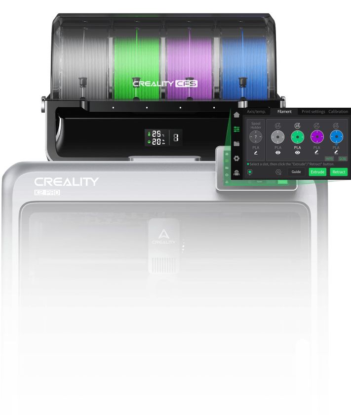 Система филаментов Creality (CFS) для Creality K2 Pro. Система филаментов Creality (CFS) поддерживает до 16 цветов.